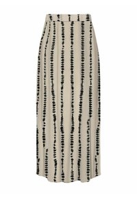 Maxi-Rock aus beigem Stoff mit vertikalen schwarzen Batikstreifen, glatter Textur und seitlichem Schlitz für Bewegungsfreiheit.