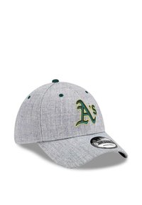 Graue Baseballmütze mit einer melierten Textur, featuring ein grünes und goldenes A's-Logo auf der Vorderseite und einem schwarzen verstellbaren Snapback.