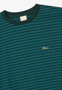 Szalagos, sötétzöld és zöld vízszintes csíkos, környakú póló, amelyen a mellrészen egy kis sárga "Blkvis" logó hímzett.