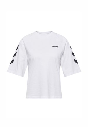T-shirt blanc à manches courtes avec logo "hummel" noir sur la poitrine et motifs chevrons noirs le long des manches.