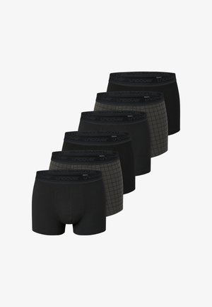 Schwarzes Boxer-Brief-Set mit sechs Stück in verschiedenen Texturen: einfarbig, gemustert und aus Netzmaterial. Jede hat einen elastischen Bund mit Logo.
