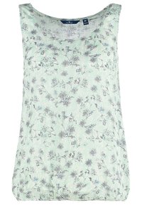 Haut sans manches vert clair avec un motif floral dans des nuances de bleu et de gris, avec un col rond et un tissu doux et texturé.