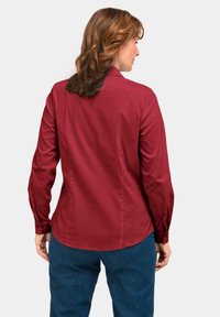 Rotes Langarmhemd mit spitzem Kragen, glattem Baumwollstoff und abgerundetem Saum, kombiniert mit blauen Jeans. Rückansicht gezeigt.