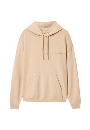 Beige collegepaita, jossa etutasku, säädettävä kiristysnaru huppuun ja pieni "ALLSAINTS"-logo rinnassa.