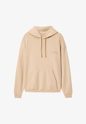 Beige collegepaita, jossa etutasku, säädettävä kiristysnaru huppuun ja pieni "ALLSAINTS"-logo rinnassa.