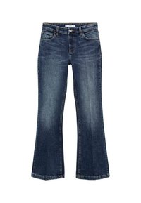 Rozšířené džíny v tmavě modré barvě. Mají klasický pětikapsový design, zapínání na knoflík a mírné zesvětlení pro texturu. Přiléhavý střih přes boky.