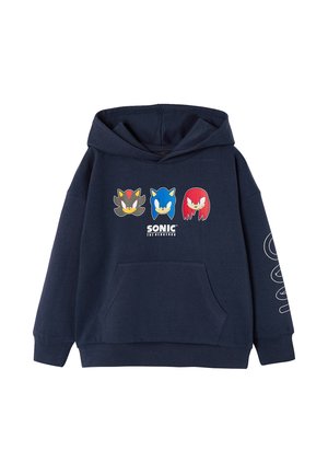 Navy blue hoodie with front pouch pocket, features stylized faces of Sonic, Shadow, and Knuckles above "Sonic The Hedgehog" text.