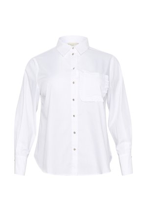 Weißes Langarm-Hemd aus Baumwolle mit Knopfleiste. Verfügt über eine geraffte Brusttasche und metallische Knöpfe entlang der Vorderseite. Klassisches Kragen-Design.