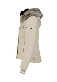 Beige isolierte Jacke mit abnehmbarer mit Fell gefütterter Kapuze, Seitentaschen, gerippten Bündchen und kontrastierenden Arm-Patches.