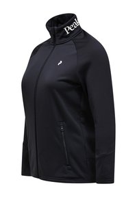 Giacca nera con zip e collo alto, realizzata in tessuto morbido. Presenta un logo sul colletto, una tasca con zip laterale e una vestibilità aderente.
