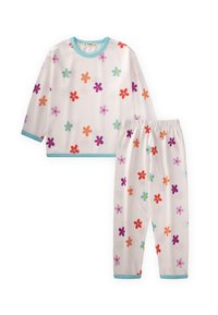 Completo per bambini in due pezzi, composto da una maglietta a maniche lunghe e pantaloni. Tessuto bianco con motivi floreali colorati, rifinito in azzurro chiaro.