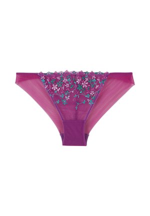 Culotte en dentelle violette avec broderie florale en rose clair et vert. Matériau transparent avec un bord festonné et une taille élastique.