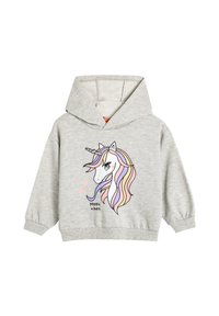 Felpa grigia chiaro con una grande grafica di unicorno. Presenta un cappuccio ampio, polsini a costine e la scritta "Magic vibes" in nero. Tessuto morbido.