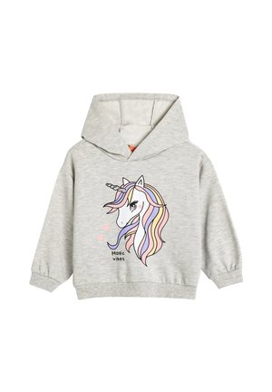 Jasnoszara bluza z kapturem z dużą grafiką jednorożca. Posiada pojemny kaptur, ściągacze przy rękawach oraz tekst "Magic vibes" w kolorze czarnym. Miękka faktura.
