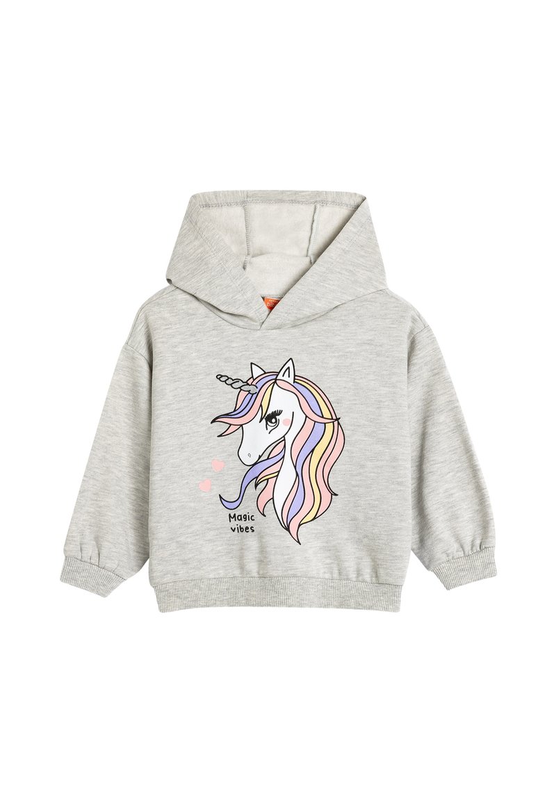 Felpa grigia chiaro con una grande grafica di unicorno. Presenta un cappuccio ampio, polsini a costine e la scritta "Magic vibes" in nero. Tessuto morbido.