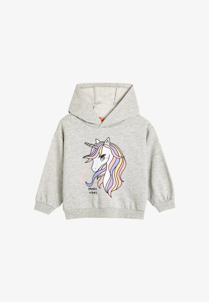Sudadera gris claro con un gran gráfico de unicornio. Presenta una capucha amplia, puños acanalados y texto "Vibras mágicas" en negro. Textura suave.