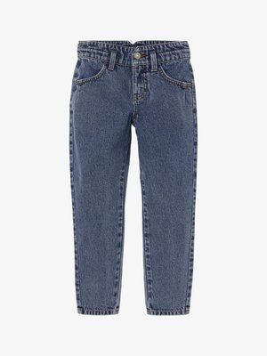 Kék farmernadrág, tapered fit stílussal, öt zsebes kialakítással és kontrasztos varrással. Gombos záródással és övpántokkal rendelkezik.