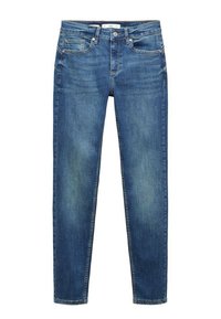 Blue denim jeans with a slim fit, front button and zipper closure, five-pocket design, and slight faded detailing on thighs and knees.