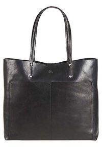 Czarna skórzana torba typu tote z dwoma długimi uchwytami, gładką teksturą, dużą przednią kieszenią i subtelnymi detalami przeszycia. Minimalistyczny design.