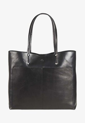 Zwarte leren boodschappentas met twee lange handvatten, gladde textuur, grote voorkant zak en subtiele stikdetails. Minimalistisch ontwerp.