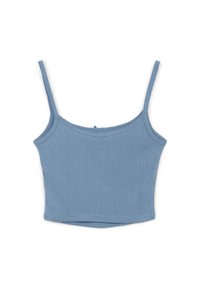 Top corto rigato blu chiaro con spalline sottili, caratterizzato da un design testurizzato e un orlo dritto.