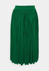 Falda midi plisada verde con cintura elástica, con una textura suave y un diseño fluido que se extiende hasta un dobladillo en forma de ondulación.