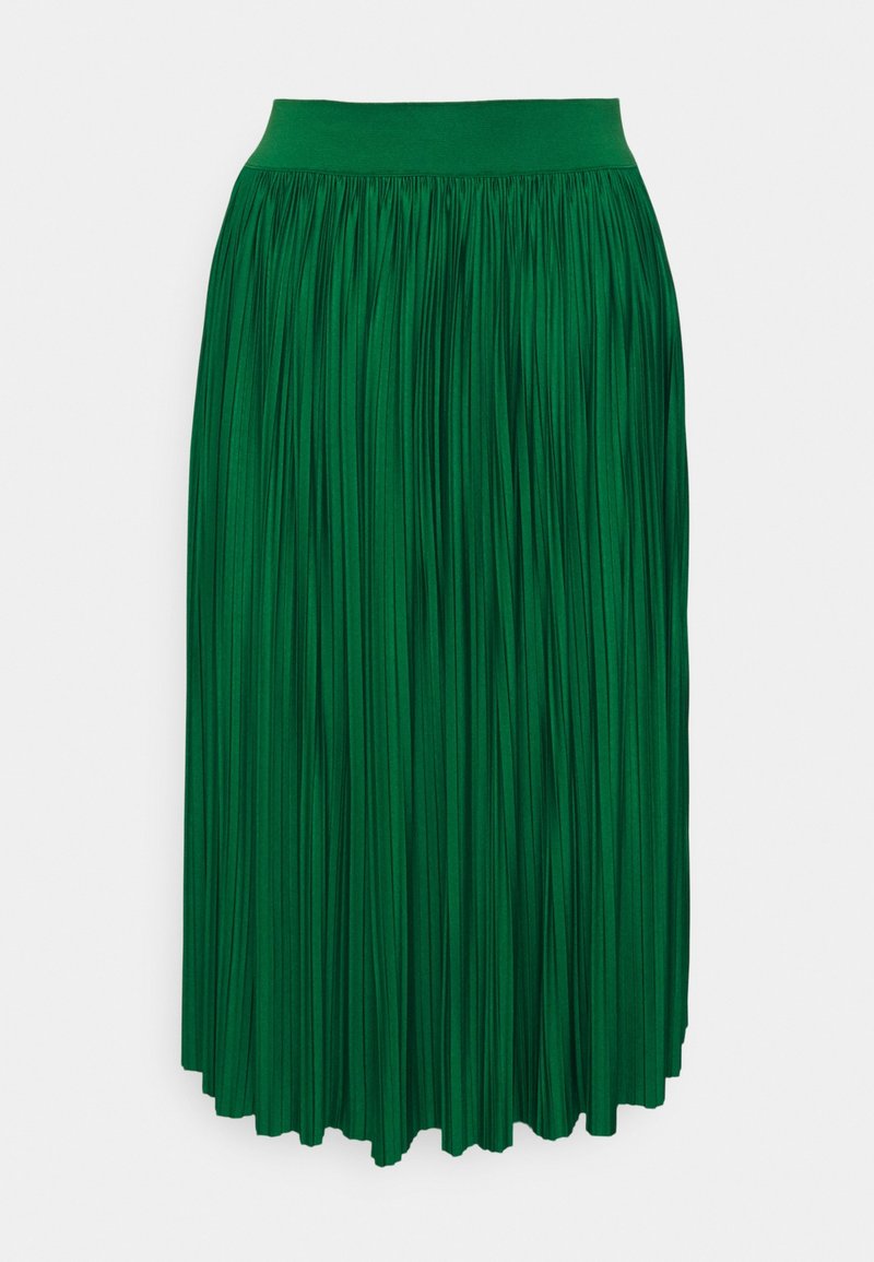 Falda midi plisada verde con cintura elástica, con una textura suave y un diseño fluido que se extiende hasta un dobladillo en forma de ondulación.