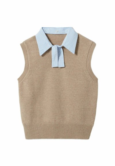 Maglione senza maniche beige a maglia con dettagli di camicia colletto a righe blu chiaro e bianche e fiocco al collo. Orlo a coste.