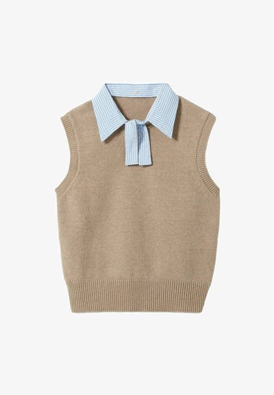 Maglione senza maniche beige a maglia con dettagli di camicia colletto a righe blu chiaro e bianche e fiocco al collo. Orlo a coste.