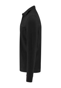 Schwarzes Langarm-Poloshirt aus Baumwolle, mit klassischem Kragen und einem kleinen, auf die Brust gestickten Logo. Glatte Textur.