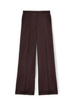 Pantaloni marrone scuro a gamba larga con piega frontale, chiusura con bottone in vita e senza tasche visibili.