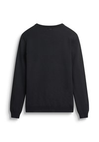Maglione nero a maniche lunghe con colletto rotondo, dotato di polsini e orlo a coste, mostrato da dietro su uno sfondo bianco.