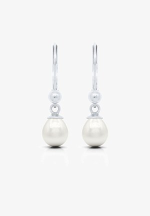 Boucles d'oreilles en argent avec des perles blanches en forme de goutte suspendues à de petites perles en argent.