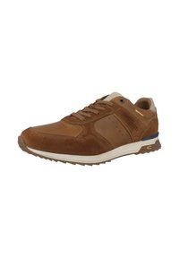 Zapatillas deportivas marrones que presentan una combinación de cuero liso y gamuza, punta redondeada, parte delantera con cordones y suela de goma texturizada con acentos de color.