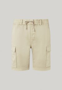 Pantalones cortos cargo beige hechos de una tela suave, con una cintura ajustable con cordón, dos bolsillos laterales cargo y un corte recto.
