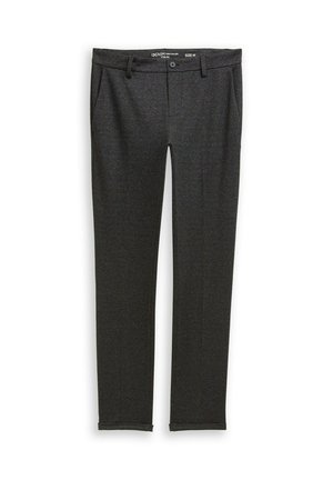 Pantaloni eleganti grigio scuro realizzati in tessuto testurizzato, con chiusura a bottone, passanti per cintura e tasche laterali. Design slim fit. Taglia M.