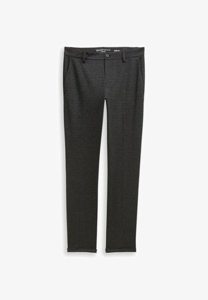 Donkergrijze op maat gemaakte broek van een gestructureerde stof, met een knoopsluiting, riemlussen en zijzakken. Slanke pasvorm. Maat M.