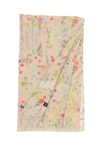 Floral lightweight scarf in soft fabric, featuring pastel colors with a mix of flowers and leaves. Edges are softly fringed.