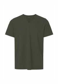 Olivgrünes Kurzarm-T-Shirt mit lockerer Passform, V-Ausschnitt und glattem Baumwollstoff. Keine sichtbaren Muster oder Akzente.