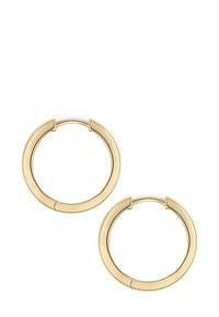Par zlatnih kružnih naušnica s glatkom, bešavnom dizajnom kopče na bijeloj pozadini.