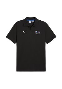 Juodas polo marškinėliai, pagaminti iš tekstūruoto audinio, su dviem mygtukais. Ant krūtinės esantis baltas Puma logotipas ir BMW Motorsport logotipas.