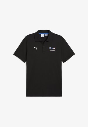Černé polo tričko vyrobené z texturované tkaniny s dvoubotkovou légou. Na hrudi se nachází bílé logo Puma a logo BMW Motorsport.