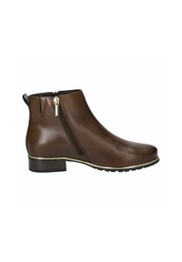Braune Leder-Ankle-Boots mit seitlichem Reißverschluss, runder Zehenform, niedrigem Blockabsatz und goldfarbener Verzierung entlang der Sohle. Glatte Textur und minimalistisches Design.