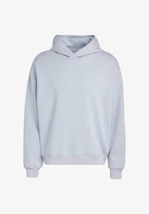 Felpa azzurro chiaro con cappuccio incrociato, vestibilità ampia, maniche lunghe e polsini a costine. Realizzata in tessuto morbido e confortevole.
