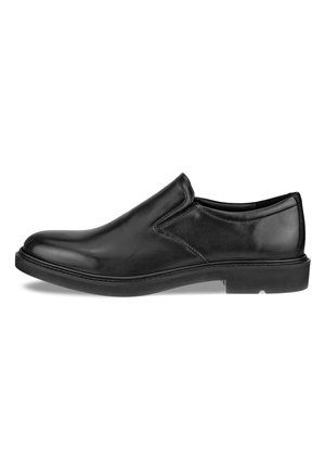 Schwarzer Leder-Schlüpfschuh mit glatter Oberfläche, runder Zehenform, minimaler Naht und dicker Gummisohle. Keine sichtbaren Muster oder Akzente.