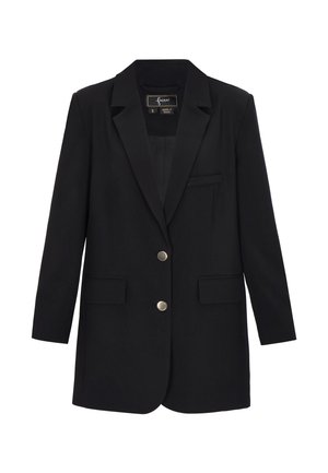 Zwarte enkelrijige blazer met inkeping revers, twee voorzakken met klep, één borstzak en twee zilveren knopen.