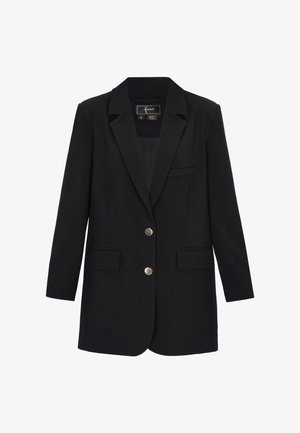 Musta yksirivinen bleiseri lovikauluksilla, kahdella etutaskulla, yhdellä rintataskulla ja kahdella hopeanvärisellä napilla.