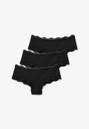 Three black lace-trimmed women's hipster panties stacked diagonally on a white background.