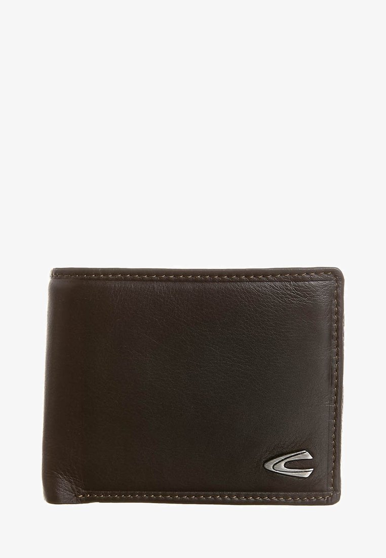Brown leather bifold wallet with stitched edges and a small silver logo emblem on the lower right corner.
