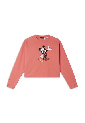 Sudadera corta de color coral con mangas largas, que presenta un diseño bordado de Mickey Mouse. Material suave de mezcla de algodón, con puños acanalados y escote redondo.